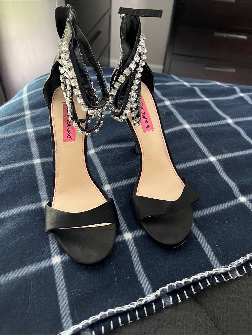 Betsey Johnson Black Satin Crystal-Ankle Strap Heels